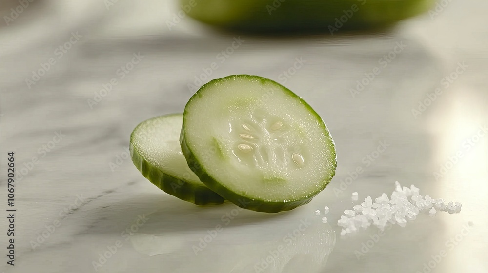 Poster fresh cucumber slices with salt on a marble surface