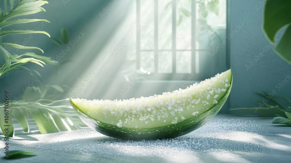 Poster refreshing green melon slice surrounded by sunlight and greenery