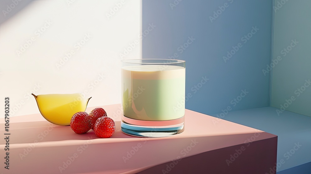 Poster refreshing drink with strawberries and lemon on a minimalist table