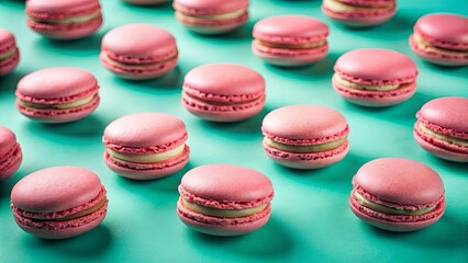 Obraz premium A Row of Pastel Pink Macarons with White Filling on a Turquoise Background