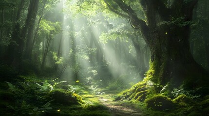 Fototapeta premium Sunbeams Illuminating a Path Through a Lush, Moss-Covered Forest