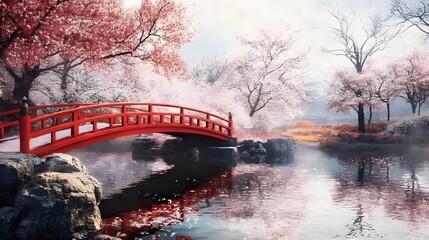 Fototapeta premium A Red Bridge Over a Serene River Under a Canopy of Pink Blossoms