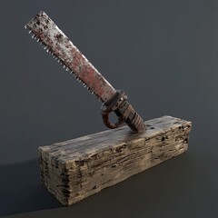 Rusted saw embedded in a worn wooden block on a dark background