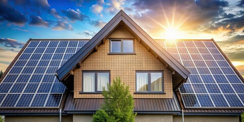 Fototapeta premium Solar panels on the gable roof of a beautiful modern home, solar energy, gable roof, modern