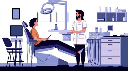 Medicine concept in modern flat design for web. Dentist working in stomatology office and waiting patients by chair for checkup and dentistry procedures, orthodontist service. Illustration
