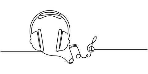 Headphones with music notes continuous one line drawing. Vector isolated on white, continuous line art drawing headset, Headset line art, Musical Note Continuous Line Art Illustration, Continuous one.