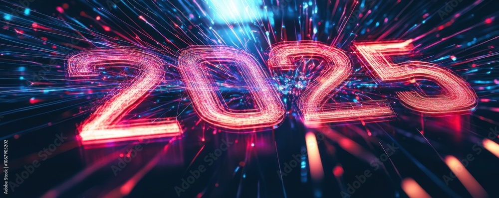 Poster vivid laser beams creating 2025 numeric display