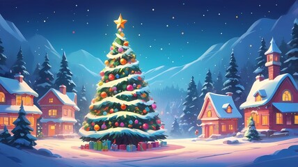 picture of a decorated Christmas tree in cartoon style on a white background