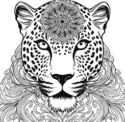 Obraz premium Leopard face with mandala pattern on head , thick lines, low details white background 4.eps