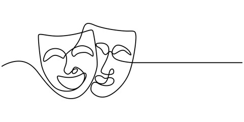 Greek mask one line drawing, opera event symbols continuous hand drawn, mask one line vector isolated design element, theater humor smile mask one line continuous line art, Theater mask tragedy.