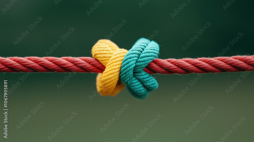 Poster red rope knotted with yellow and blue strings strength and unity concept