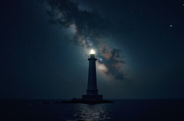 milky way stars with lighthouse at night