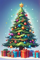 picture of a decorated Christmas tree in cartoon style on a white background
