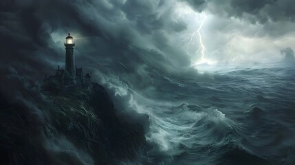 A Lighthouse on a Cliff with a Lightning Storm in the Distance