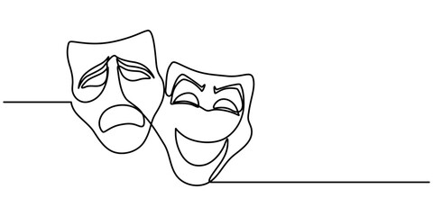 Greek mask one line drawing, opera event symbols continuous hand drawn, mask one line vector isolated design element, theater humor smile mask one line continuous line art, Theater mask tragedy.