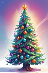 picture of a decorated Christmas tree in cartoon style on a white background