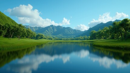 Tranquil Lake and Mountain Landscape with Lush Green Trees and Blue Sky