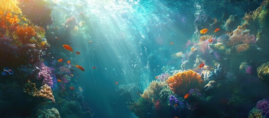 Fototapeta premium Vibrant coral reef with sunlight shining through the water, colorful fish and plants.