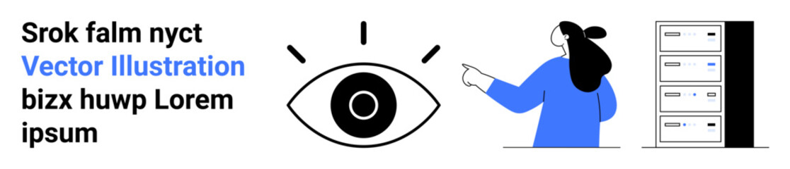 Eye icon with rays, a blue-clad woman pointing at server racks, and text header with placeholder content. Ideal for technology, data management, cybersecurity, informational content, education