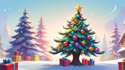picture of a decorated Christmas tree in cartoon style on a white background