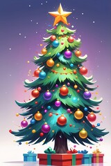 picture of a decorated Christmas tree in cartoon style on a white background