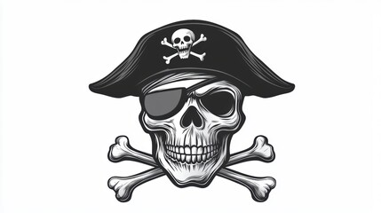 Fototapeta premium Closeup view of skull wearing pirate captain cap with crossing bone. The decoration element for Halloween.
