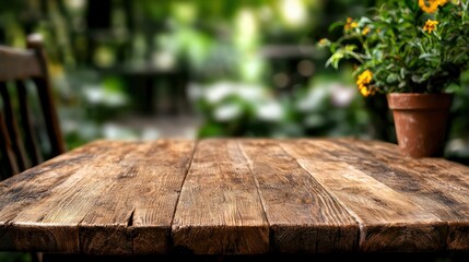 Fototapeta premium Rustic Wooden Tabletop with Blurred Garden Background
