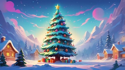 picture of a decorated Christmas tree in cartoon style on a white background