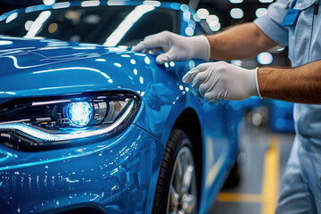 Close Up View of Male Mechanic Inspecting Blue Car with Protective Gloves in Garage