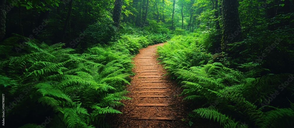 Poster a winding path leads through a lush forest, surrounded by ferns and sunlight filtering through the t