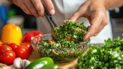 Chef Preparing Fresh Chimichurri with Colorful Ingredients