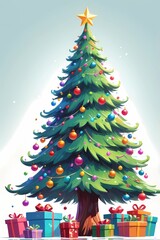 picture of a decorated Christmas tree in cartoon style on a white background