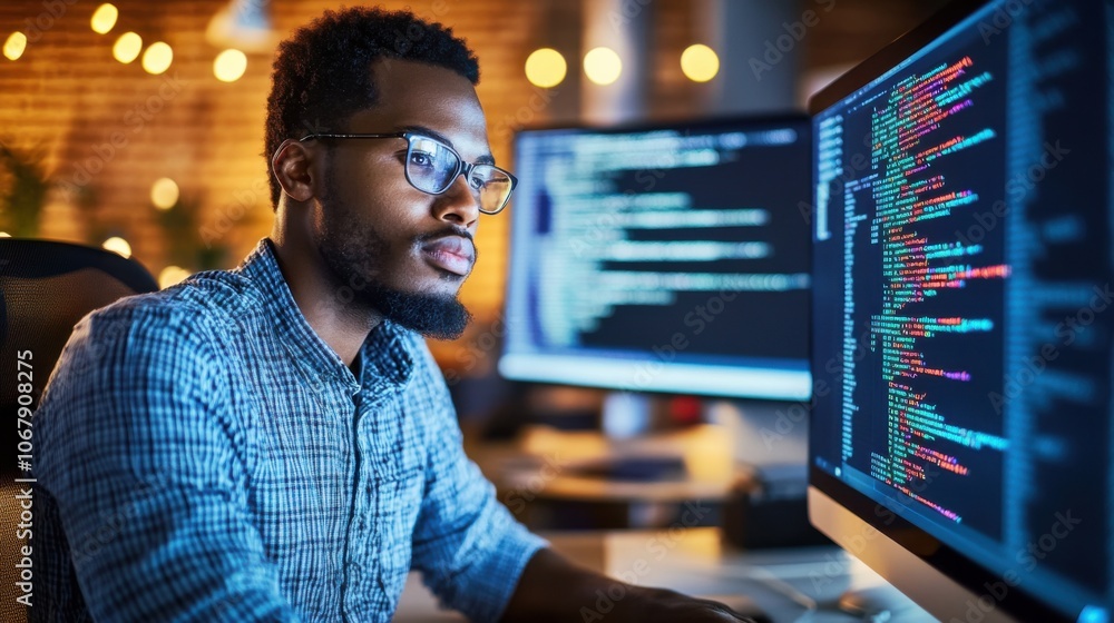 Poster Focused Developer Coding on Computer Screen at Night