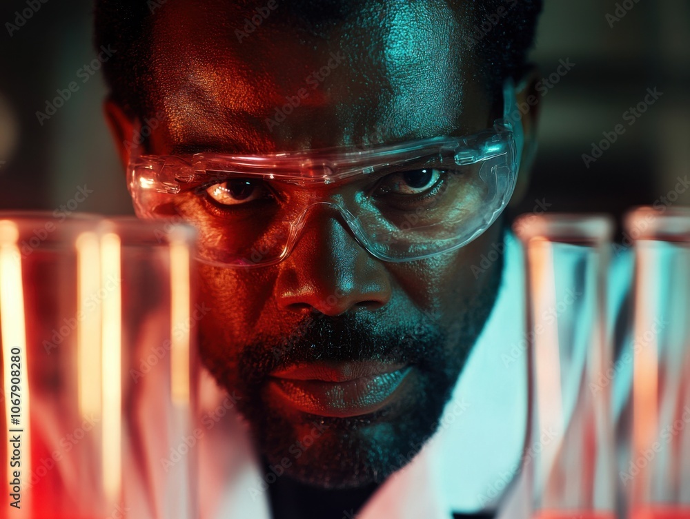 Poster focused scientist analyzing test tubes in research lab