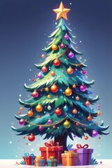 picture of a decorated Christmas tree in cartoon style on a white background