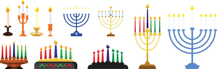 Set of various candle vector illustration. Candles design for menorah, kwanzaa, festival, celebration, and event