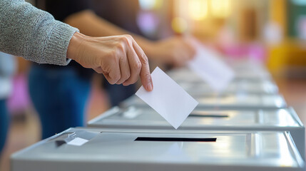Close-up of a person's hand dropping a ballot into a row of voting boxes. Concept of democratic process and individual participation in an election.