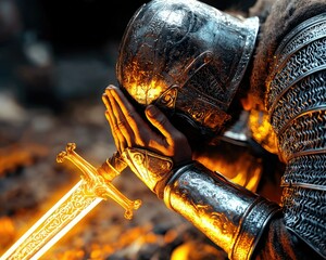 A knight in armor kneels in reverence, holding a glowing sword, surrounded by a dark, fiery atmosphere that emphasizes a moment of reflection or prayer.