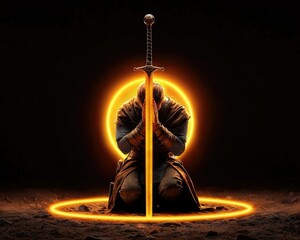 A warrior kneels in reverence, holding a sword, illuminated by a glowing halo against a dark background, symbolizing strength and spirituality.