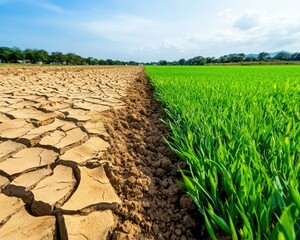 A stark contrast between dry, cracked earth and vibrant green rice fields under a clear blue sky, highlighting the effects of drought and agriculture.