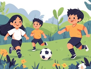 Children playing soccer in a vibrant outdoor setting.