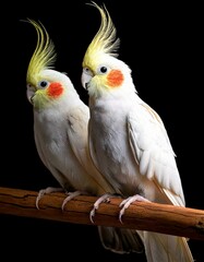 2 white cockatiel parrots on a branch in black background