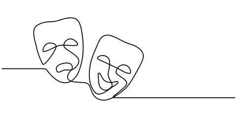 Greek mask one line drawing, opera event symbols continuous hand drawn, mask one line vector isolated design element, theater humor smile mask one line continuous line art, Theater mask tragedy.