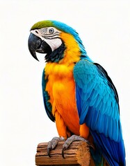blue and yellow macaw on a branch in white background