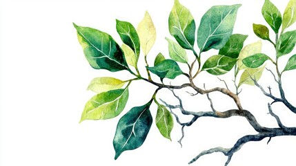 Obraz premium A watercolor illustration of green leaves on a branch, showcasing various shades of green and a natural, organic feel.