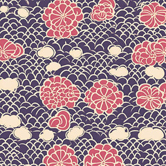 ネイビーの背景にレトロな花のパターン