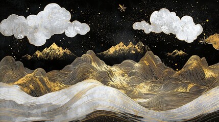 An abstract black and gold landscape with white clouds and mountains.
