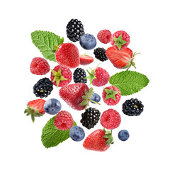 Mix of fresh berries in air on white background