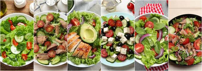 Many different salads on tables, top view. Set