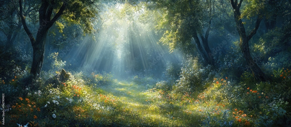 Poster sunbeams filtering through the trees in a lush green forest, illuminating a path leading to a cleari